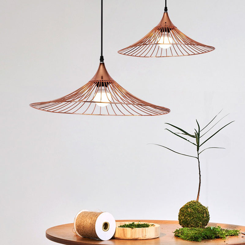 Rose Gold Metal Suspended Lamp With Loft Style Shade & Flared Design 16/19.5 Dia / 16