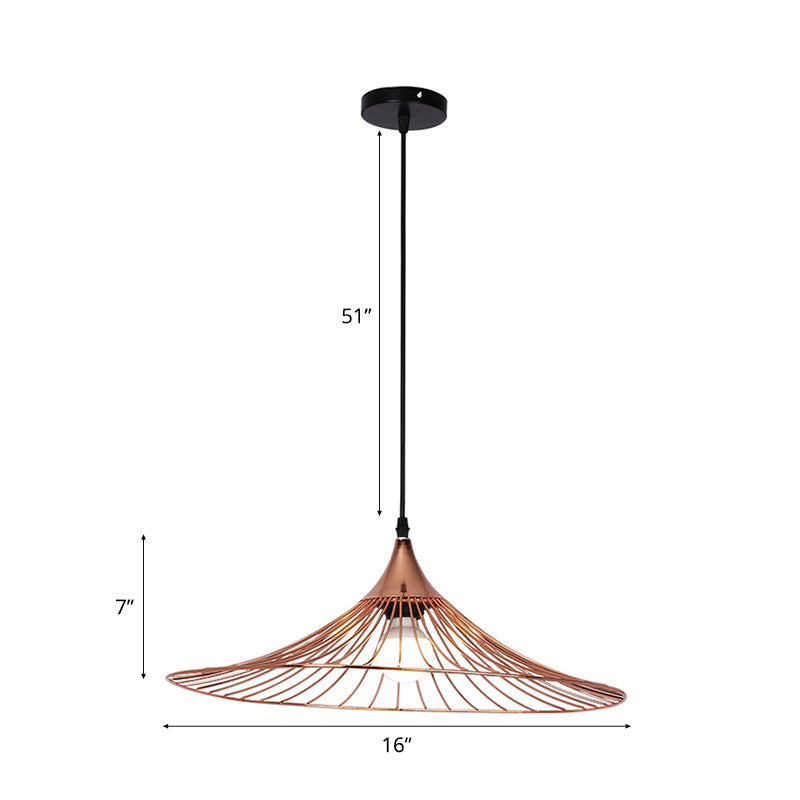 Rose Gold Loft Style Suspended Lamp with Flared Shade - 1 Light, Metal Frame - 16"/19.5" Dia