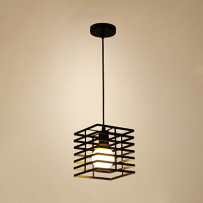 Metal Cage Pendant Light Retro Style Black/White Hanging Lamp for Restaurant Ceiling