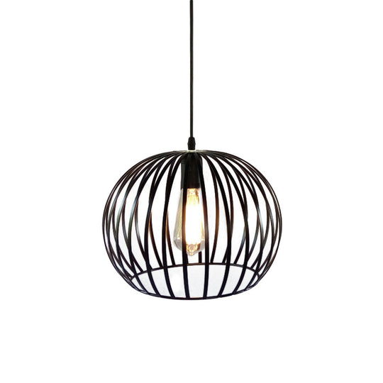 Industrial Metal Pendant Light in Satin Black - 12"/14" Wide Globe Cage, 1 Bulb, Perfect for Living Room