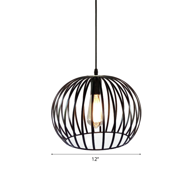 Industrial Metal Pendant Light in Satin Black - 12"/14" Wide Globe Cage, 1 Bulb, Perfect for Living Room