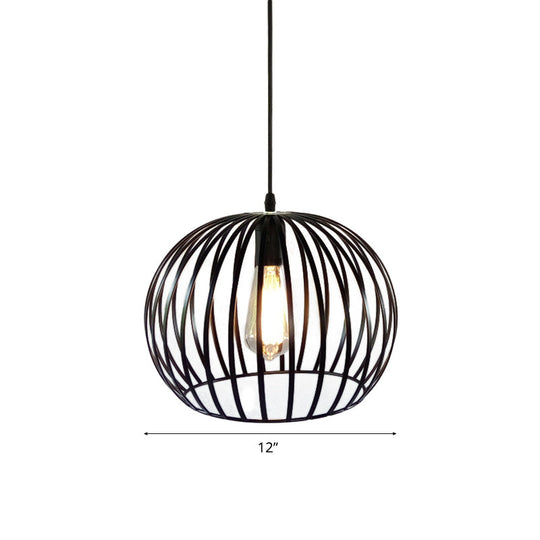 Industrial Metal Pendant Light in Satin Black - 12"/14" Wide Globe Cage, 1 Bulb, Perfect for Living Room