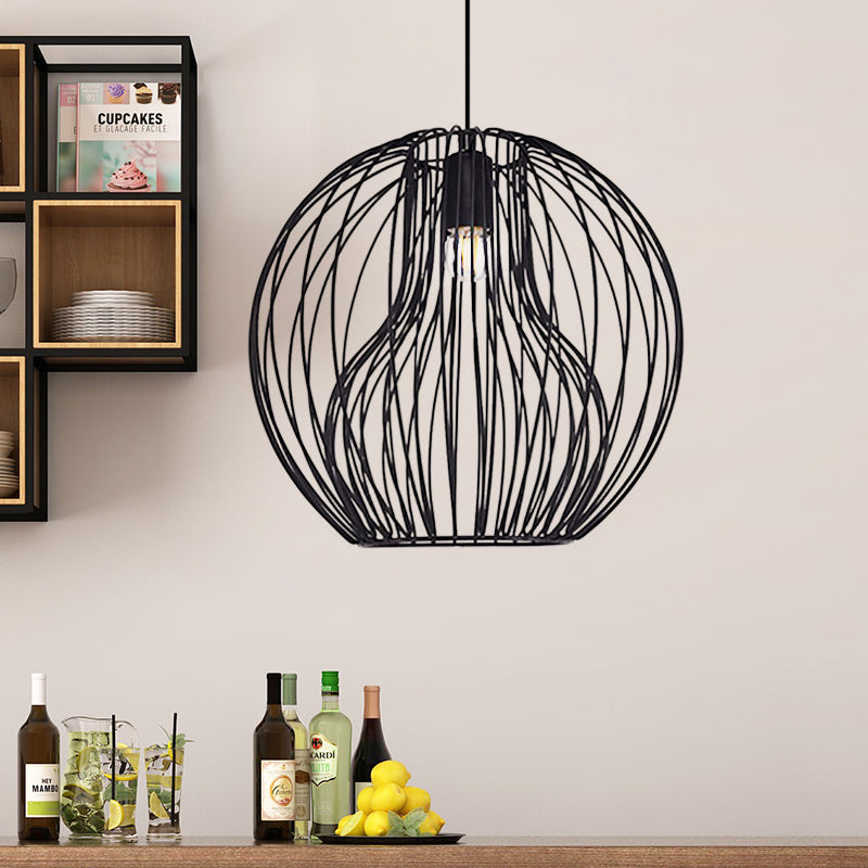 Retro Style Metal Hanging Lamp - Black/White Pendant Light For Dining Room With Cage Shade