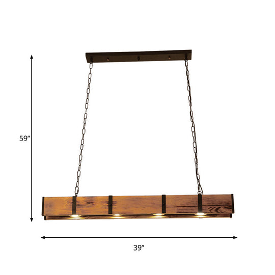 Industrial Rectangular Wooden Island Ceiling Light With 4 Lights And Metal Chain - Brown Finish