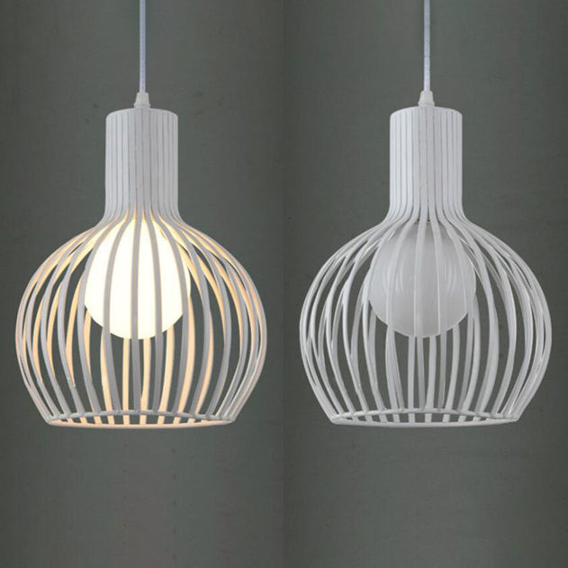 Industrial Style Metal Hanging Lamp For Dining Room - Dome Caged Ceiling Light In White/Beige 1 Bulb