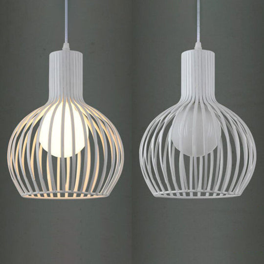 Industrial Style Metal Hanging Lamp For Dining Room - Dome Caged Ceiling Light In White/Beige 1 Bulb