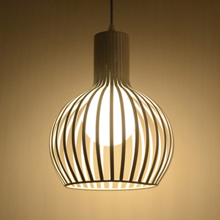 Industrial Style Metal Hanging Lamp For Dining Room - Dome Caged Ceiling Light In White/Beige 1 Bulb