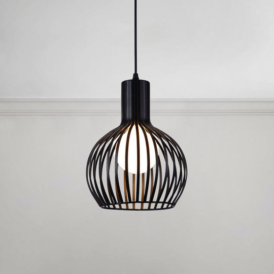 Industrial Style Metal Hanging Lamp For Dining Room - Dome Caged Ceiling Light In White/Beige 1 Bulb