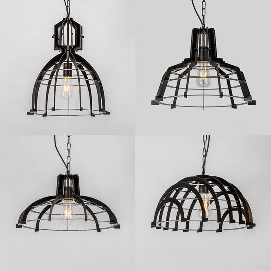 Dome/Saucer Metal Cage Hanging Lamp - Industrial Style Pendant Light With Adjustable Chain In Black