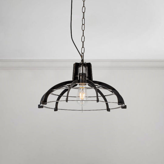 Dome/Saucer Metal Cage Hanging Lamp - Industrial Style Pendant Light With Adjustable Chain In Black