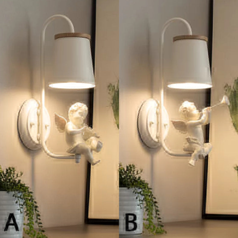 White Angel Wall Light With Bucket Shade - Metal Lamp For Living Room