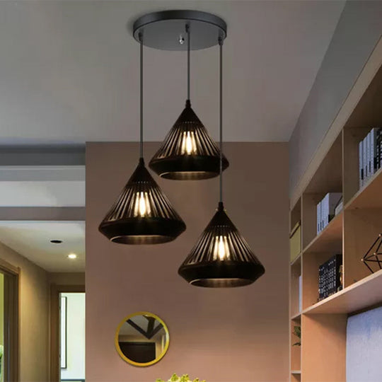 Modern Black Conical Ceiling Pendant Light - 3 Lights Suspended For Dining Room