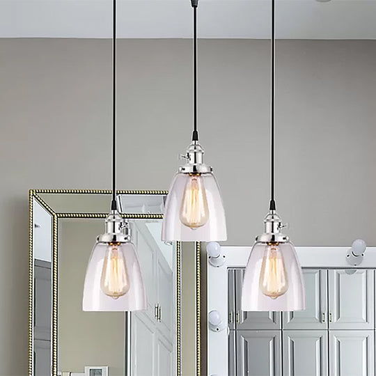 3-Light Industrial Conical Clear Glass Pendant Light Set In Chrome - Multiple Hanging Options