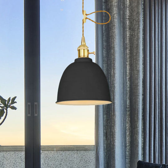 Industrial Style Hanging Ceiling Light: Adjustable Cord, Domed Design, 1 Light, Black/Gray/White Metal Finish