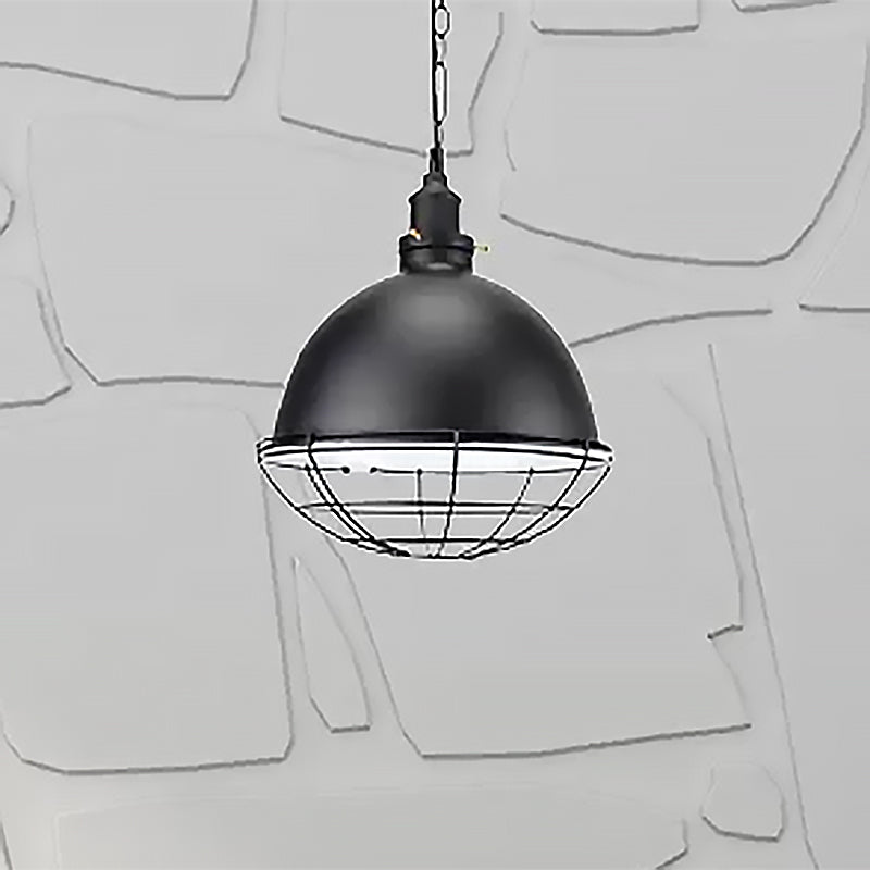 Suspension en métal industriel rétro - Abat-jour en forme de bol, 1 ampoule - Noir/blanc/rouge - Plafonnier d'intérieur avec grille de protection et chaîne