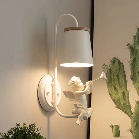 White Angel Wall Light With Bucket Shade - Metal Lamp For Living Room / B