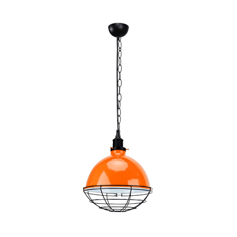 Suspension en métal industriel rétro - Abat-jour en forme de bol, 1 ampoule - Noir/blanc/rouge - Plafonnier d'intérieur avec grille de protection et chaîne