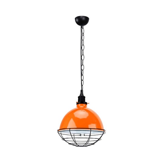 Suspension en métal industriel rétro - Abat-jour en forme de bol, 1 ampoule - Noir/blanc/rouge - Plafonnier d'intérieur avec grille de protection et chaîne