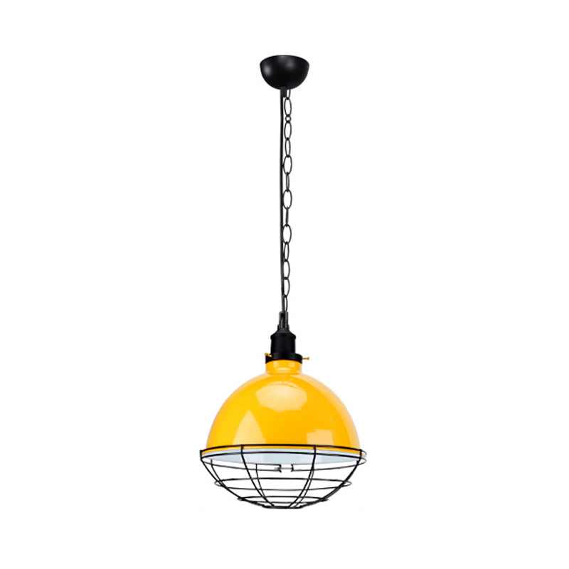 Suspension en métal industriel rétro - Abat-jour en forme de bol, 1 ampoule - Noir/blanc/rouge - Plafonnier d'intérieur avec grille de protection et chaîne