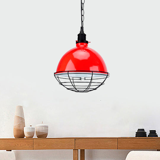 Suspension en métal industriel rétro - Abat-jour en forme de bol, 1 ampoule - Noir/blanc/rouge - Plafonnier d'intérieur avec grille de protection et chaîne