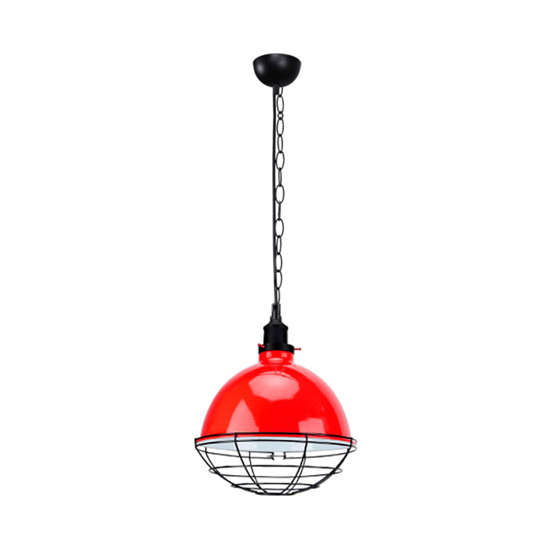 Suspension en métal industriel rétro - Abat-jour en forme de bol, 1 ampoule - Noir/blanc/rouge - Plafonnier d'intérieur avec grille de protection et chaîne