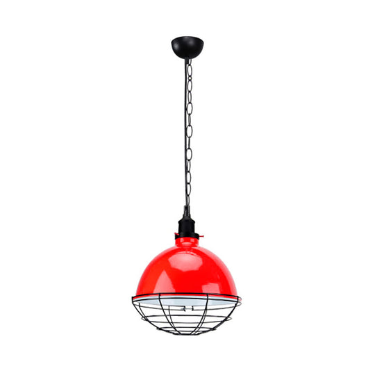 Suspension en métal industriel rétro - Abat-jour en forme de bol, 1 ampoule - Noir/blanc/rouge - Plafonnier d'intérieur avec grille de protection et chaîne