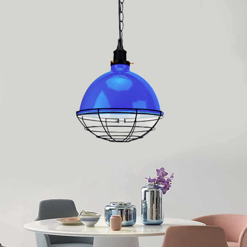 Retro Industrial Metal Pendant Light - Bowl Shade 1 Bulb Multiple Colors Wire Guard And Chain