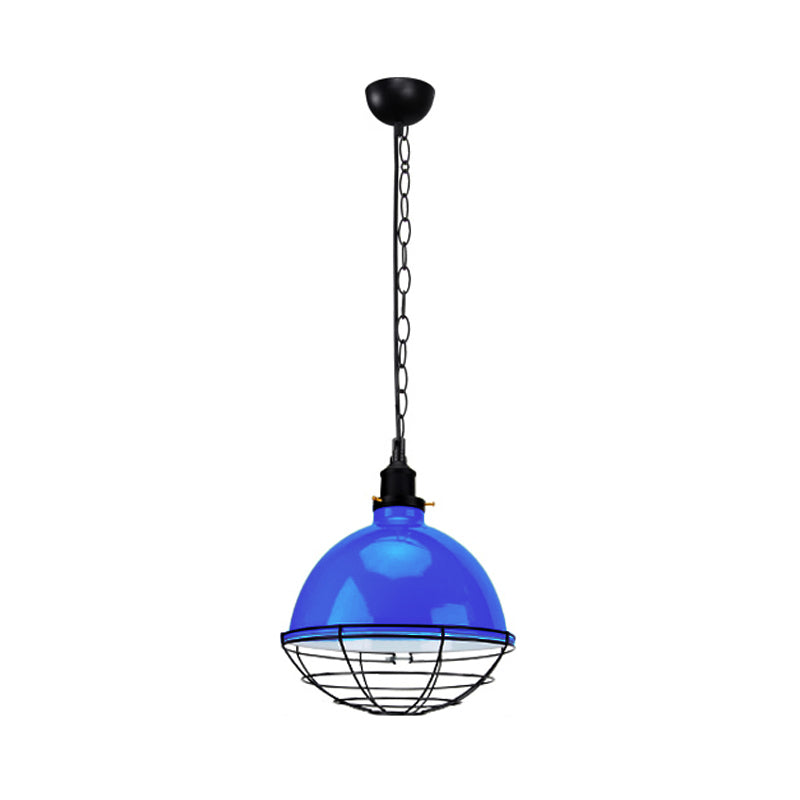 Suspension en métal industriel rétro - Abat-jour en forme de bol, 1 ampoule - Noir/blanc/rouge - Plafonnier d'intérieur avec grille de protection et chaîne