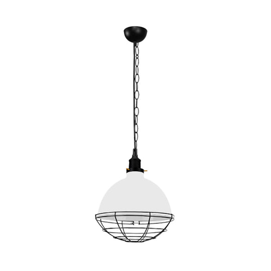 Suspension en métal industriel rétro - Abat-jour en forme de bol, 1 ampoule - Noir/blanc/rouge - Plafonnier d'intérieur avec grille de protection et chaîne