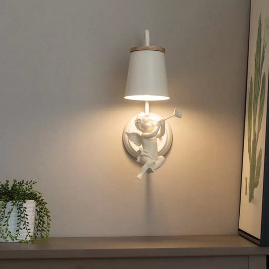 White Angel Wall Light With Bucket Shade - Metal Lamp For Living Room