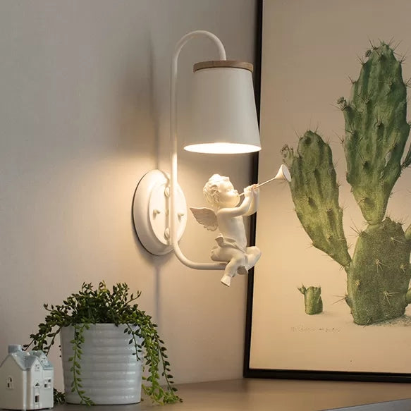 White Angel Wall Light With Bucket Shade - Metal Lamp For Living Room