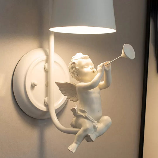 White Angel Wall Light With Bucket Shade - Metal Lamp For Living Room