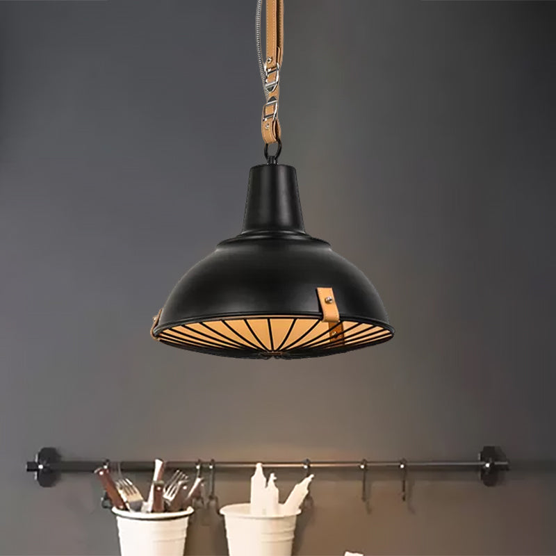 Industrial Dome Pendant Light with Wire Frame and Leather Strap Design - Black Metallic