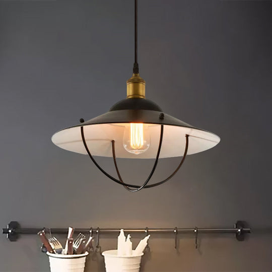 Metal Pendant Light Fixture: Saucer Shade, 1 Light, Black Finish