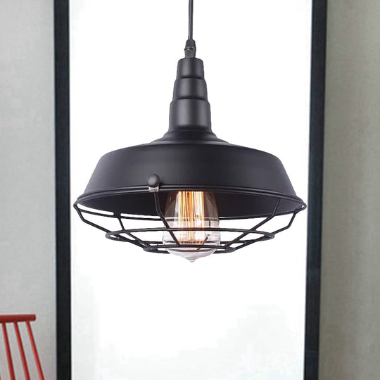 Vintage Wrought Iron Pendant Lighting: White Inner/Black Wire Guard with Barn Shade - 1 Light Kitchen Suspended Light