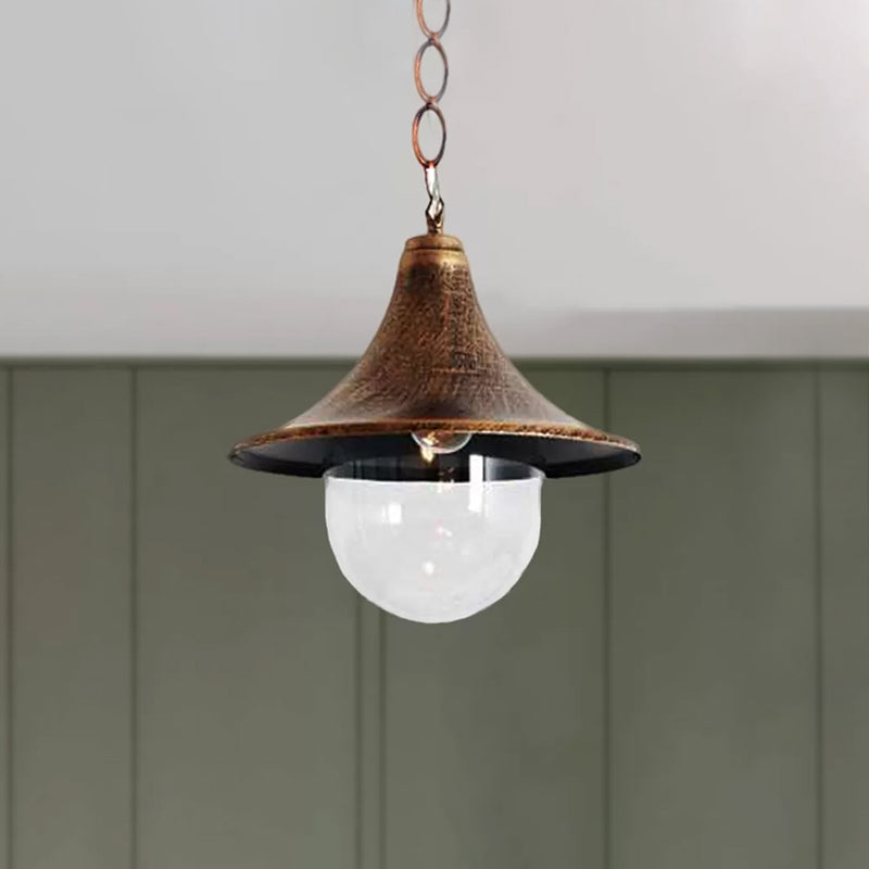 Outdoor Antique Flared Pendant Light with Clear Glass Shade - Rust/Black Finish, 1 Bulb Hanging Lamp