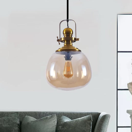 Modern Antique Brass Amber Glass Pendant Light for Living Room - 1 Light Round Ceiling Lamp