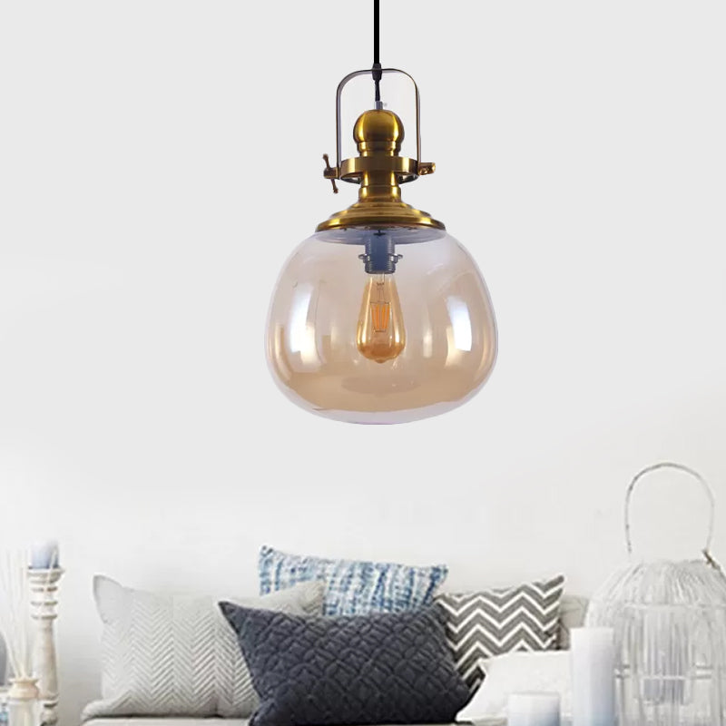 Modern Antique Brass Amber Glass Pendant Light for Living Room - 1 Light Round Ceiling Lamp