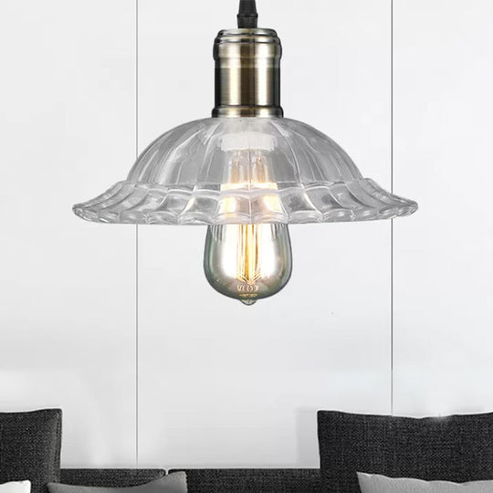 Scalloped Glass Ceiling Pendant Light With Ribbed Shade - Industrial Living Room Lighting