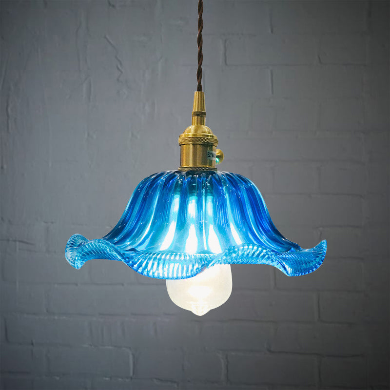 12 Industrial Scalloped Blue Glass Pendant Ceiling Light Fixture / 8