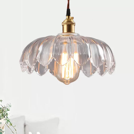 Clear Glass Industrial Pendant Light With Scalloped Shade - Single Bulb Hanging Ceiling Fixture For