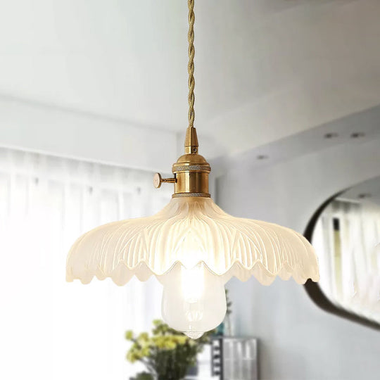 Brass Scalloped Pendant Ceiling Light With Frosted Glass For Living Room - Farmhouse Hanging Lamp