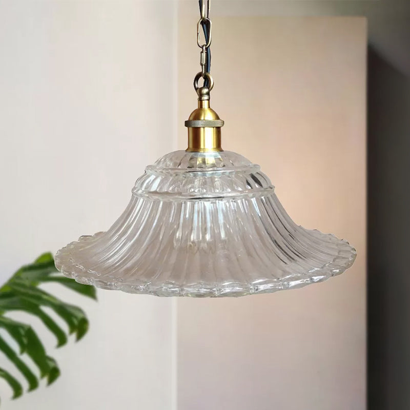 Vintage Brass Ribbed Glass Scalloped Pendant Ceiling Light Fixture - 1-Light Hanging Pendant