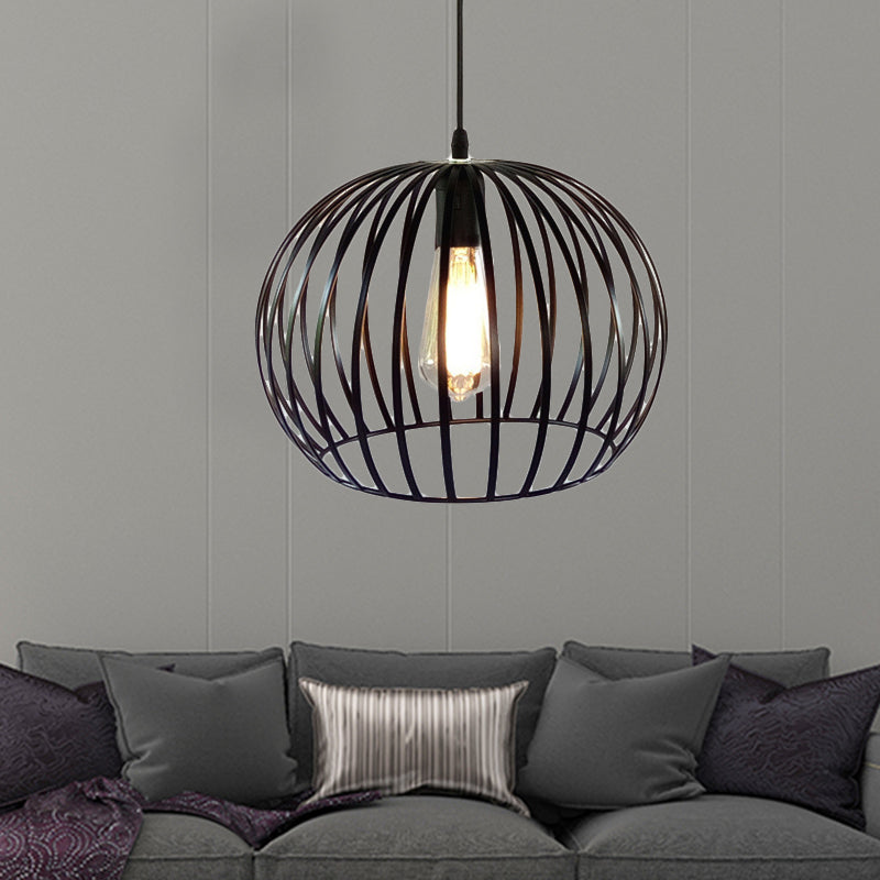 Industrial Metal Pendant Light in Satin Black - 12"/14" Wide Globe Cage, 1 Bulb, Perfect for Living Room