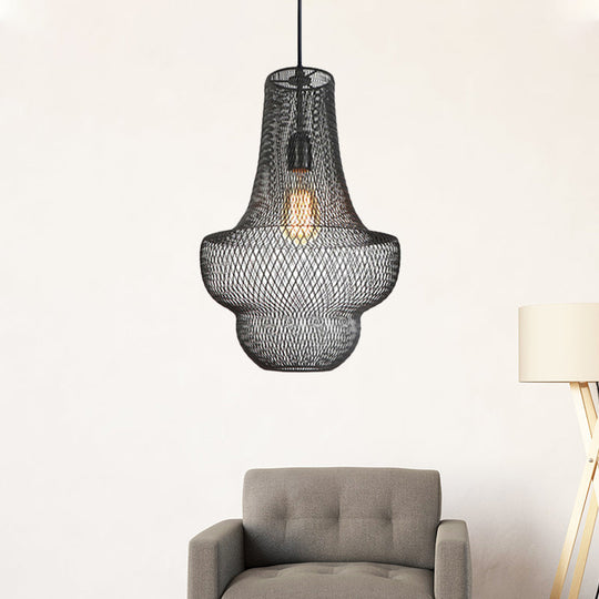 Industrial Black Mesh Cage Pendant Light - Modern Dining Room Hanging Lamp