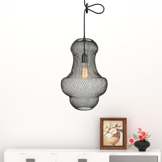 Industrial Black Mesh Cage Pendant Light - Modern Metal Hanging Lamp for Dining Room