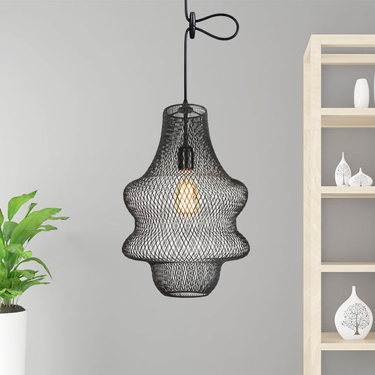 Industrial Black Mesh Cage Pendant Light - Modern Metal Hanging Lamp for Dining Room