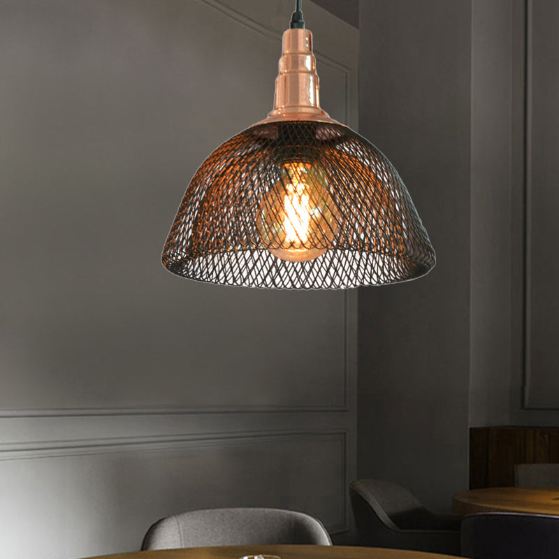 Industrial Dome Mesh Pendant Light In Black Metal - Single Hanging Ceiling