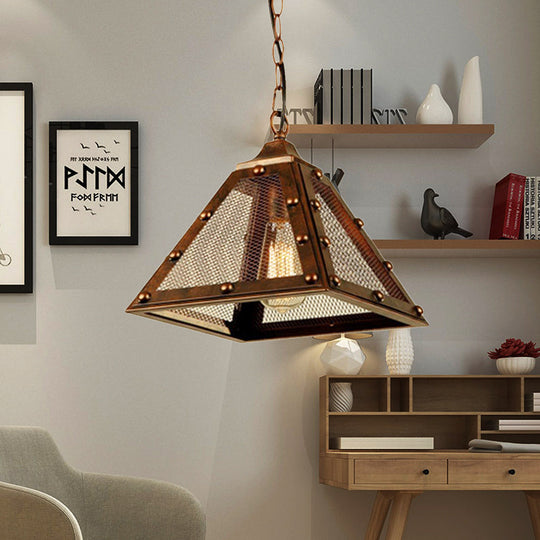 Rustic Riveted Hanging Lamp - Farmhouse Style Pendant Light with Mesh Pyramid Shade