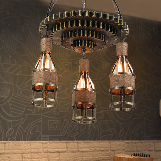 Iron Cage Hanging Pendant Light With Rustic Gear Decoration - Industrial Style 3 Lights Bronze